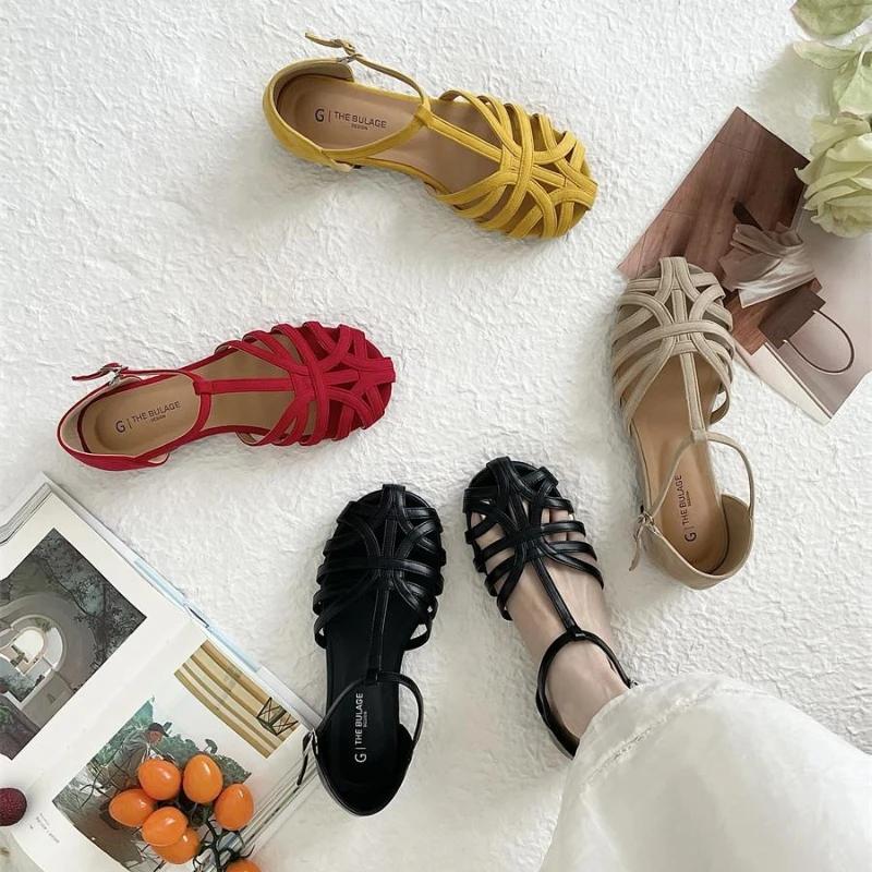 Shoes for Women 2025 Fashion Summer Buckle Strap Weave Hollow Out Women's Sandals Round Toe Flat Bottom Dress Sandals Women