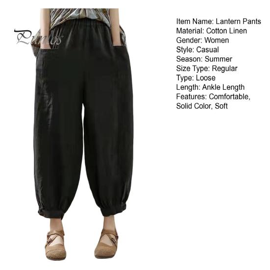 Loose Trousers Lantern Pants Summer Elastic Waist Solid Color Cotton Linen Dual Pockets Harem Ankle Length Fit Women Baggy Daily Wear Casual