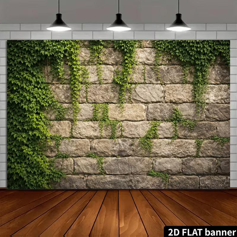 2D Stone Wall Green Ivy Vines Photography Backdrop Vintage Brick Leaf Background Banner