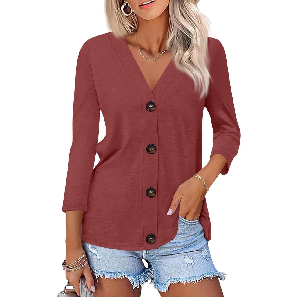 Women's Fashion Casual Print Button-down Shirt 3/4 Long Sleeve Tops
