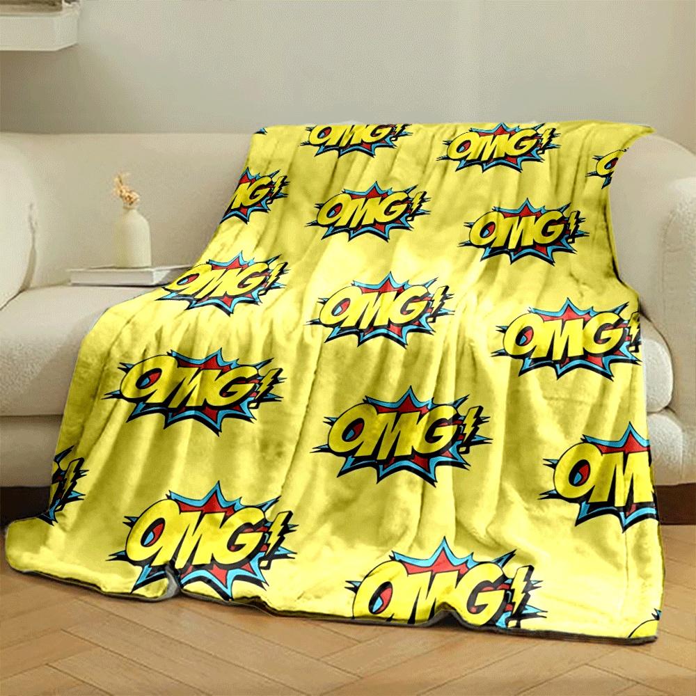 Comic-style "OMG!" text with colorful explosion effects on yellow background. for all seasons blanket lunch break throw gift