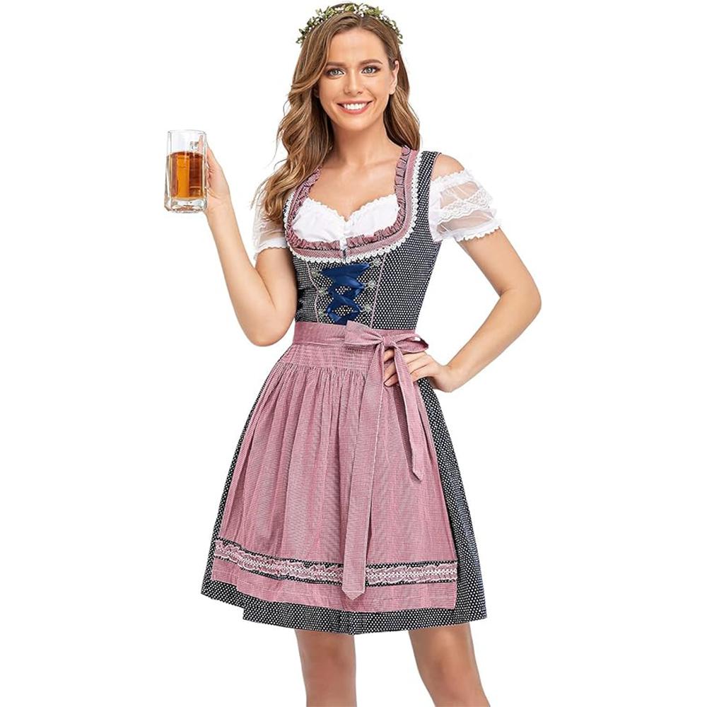 

Oktoberfest Costumes Women Dirndl Dresses 3 Pcs Dress Bavarian Blue Dress White Blouse Pink Apron 2XL