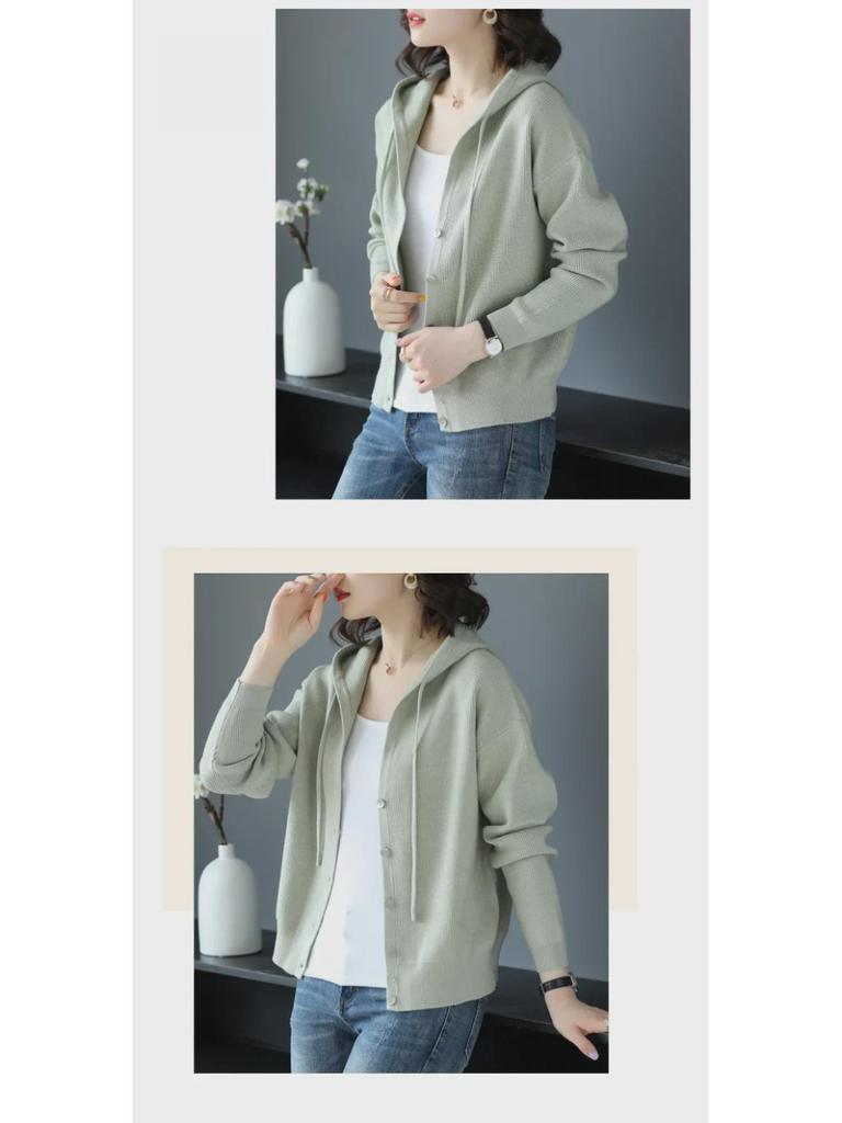 Cárdigan de punto con capucha para mujer - Corto y holgado para principios de primavera/otoño 2024