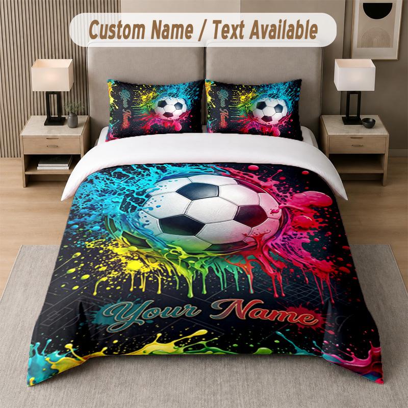 Soccer Theme Custom Text Or Name 3Pcs Bedding Set 1 Flat Sheet & 2 Pillowcases Personalized Home Bedding