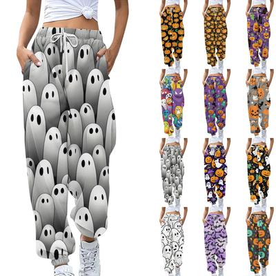 Damen Sporthose mit Taschen Mode Halloween-Print Hose mit elastischem Bund Lässige Jogginghose