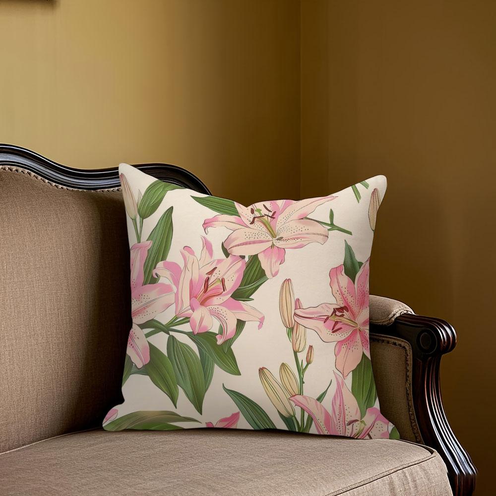 Jmg Clothing Unisex Pink Lily Pattern Square Jacquard Pillow Cover For Sofa Office Waist Cushion Cover Home Decorative Pillowcase