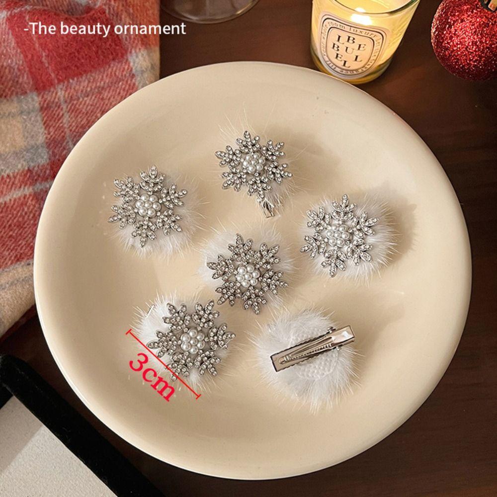 2PCS Pearl Plush Snowflake Hair Clips Bow Duck Down Clip  Party Hair Accessories
