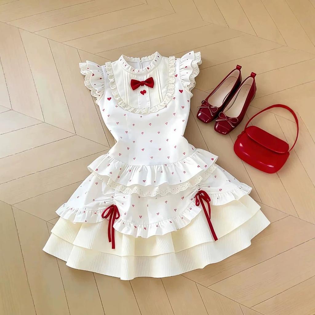 Girls Summer Polka Dot Bow Princess Dress Medium Large Kids Lace Trim Round Neck Stylish Sundress