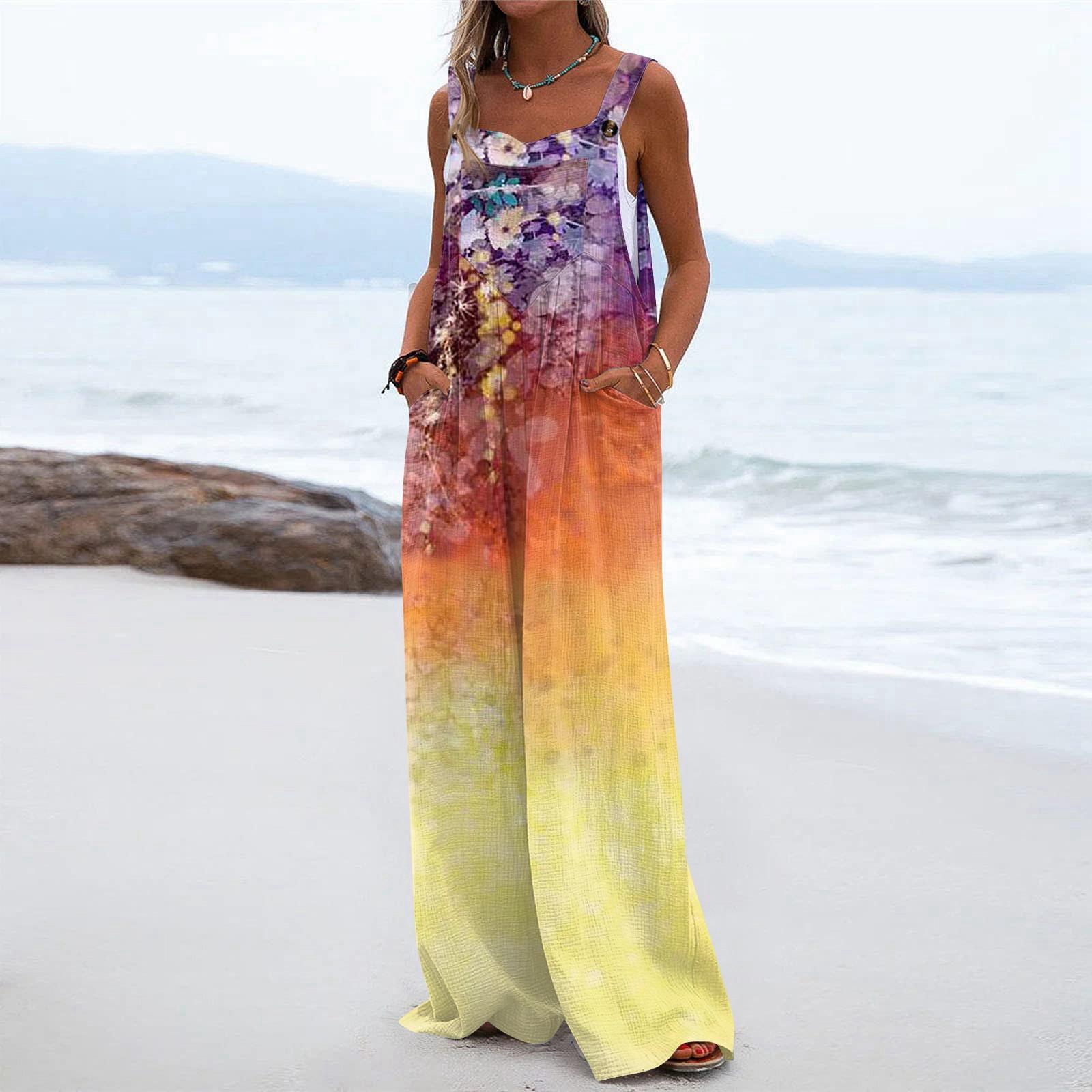 

Жіночий модний повсякденний вільний комбінезон без рукавів із принтом і кишенями S жовтий