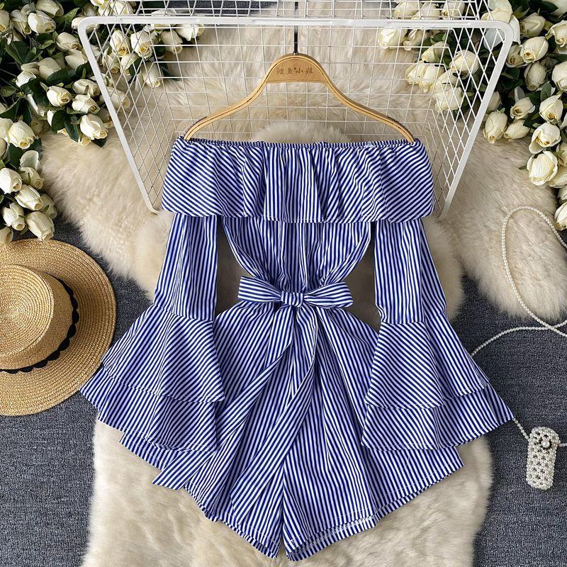 

French Style off-Shoulder Stripes Jumpsuit Women s Summer New Arrival Ruffles Petal Sleeve Wide Leg Stylish Unique Shorts Blue All yards