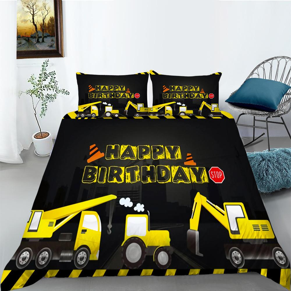 Baufahrzeug Bettbezug Mikrofaser Cartoon Baufahrzeug Druck Bettwäscheset Geschenk Alles Gute zum Geburtstag Muster Steppdeckenbezug