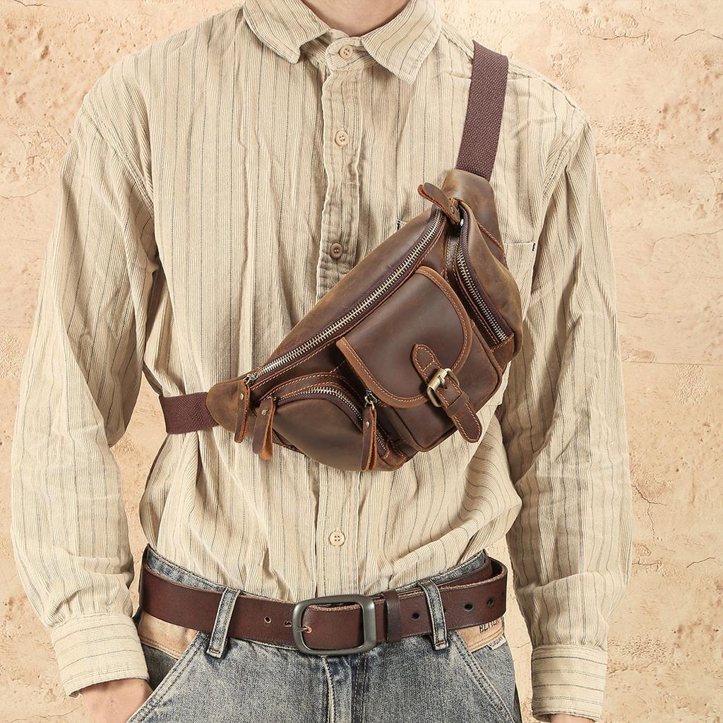 Marsupio da uomo in vera pelle, Borsa a tracolla di grande capacità, Borsa da petto per sport all'aperto e uso casual