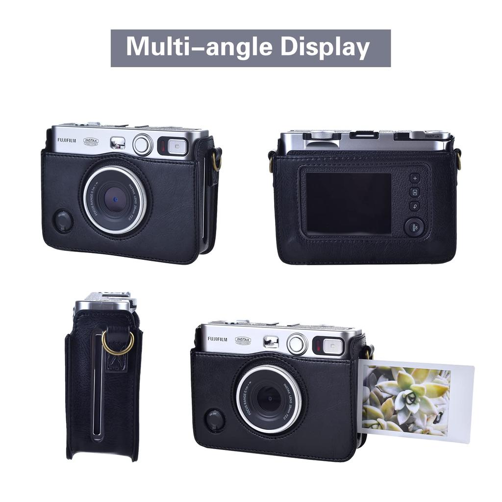 Rieibi Mini EVO Case Retro PU Leather Protective Case for Fujifilm Instax Mini EVO Instant Camera Detachable Case with Adjustable Shoulder Strap Black