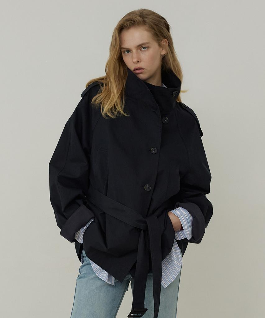CITYBREEZE High-Neck Belted Half Trench Coat_Dark Navy