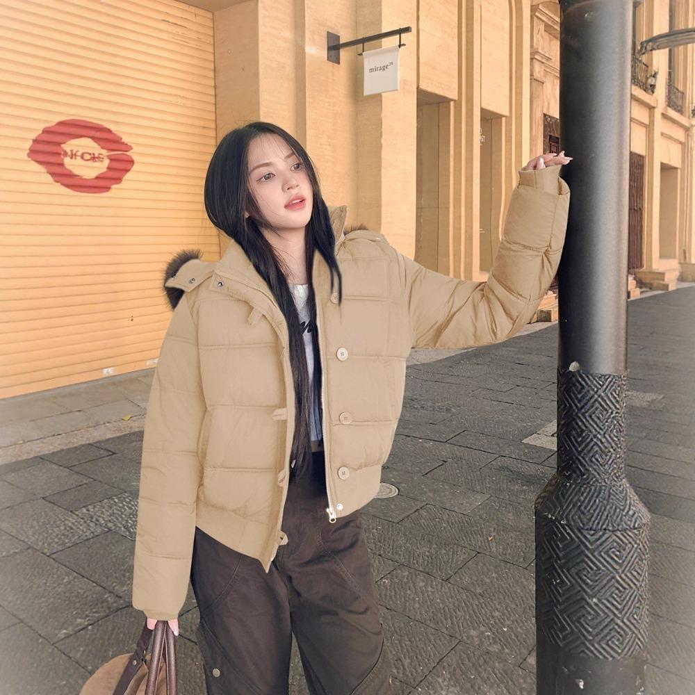 Winter big fur collar hooded short down cotton-padded jacket for women 2025 explosion, advanced sense, thin and warm small cotton-padded jacket