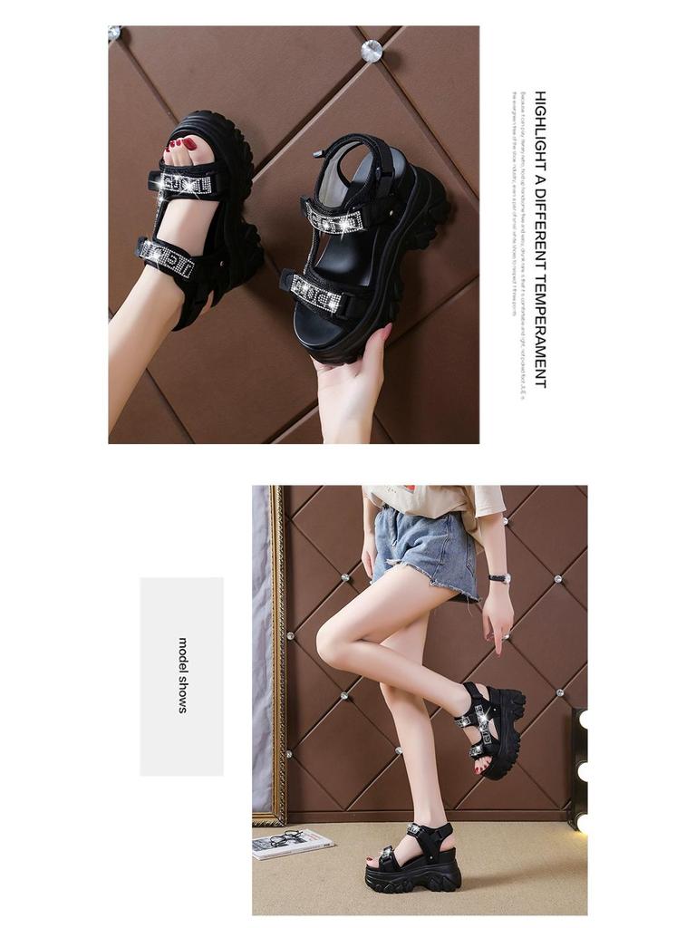 Korean Style Rhinestone Platform Velcro Sandals - 2024 Summer Collection