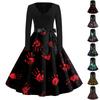 Women Casual Vintage V Neck Dress Halloween Print Long Sleeve Retro Fit and Flare Dress with Waist Tie for Everyday Wear