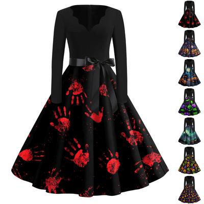 Women Casual Vintage V Neck Dress Halloween Print Long Sleeve Retro Fit and Flare Dress with Waist Tie for Everyday Wear