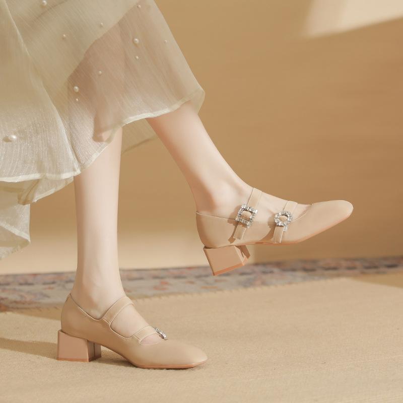 53301 [Discontinued] High Heels Women's Thick Heel 2025 New Square Head Rhinestone Mary Jane Shoes Shallow Mouth Single Shoes