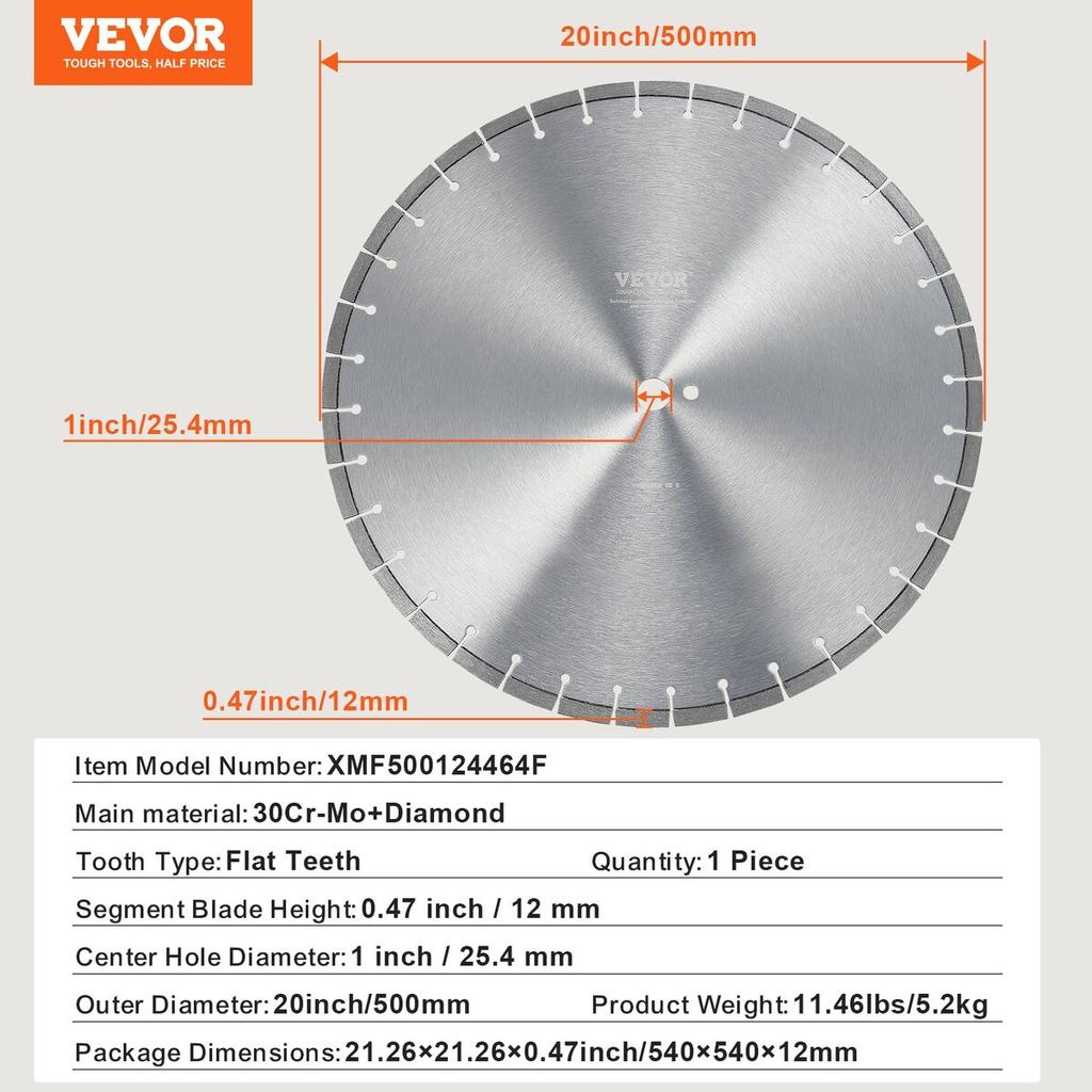 Diamond Blade 20inch Concrete Saw Blade Wet or Dry 0.47inch Flat Teeth