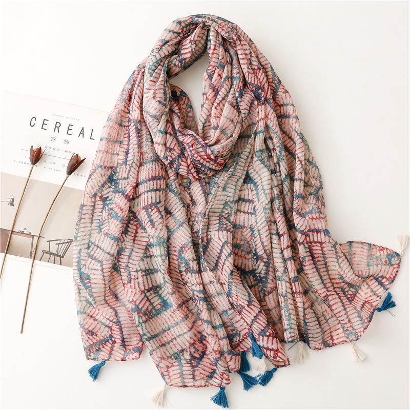 "Bali Yarn Cotton-Linen Scarf: Fresh Solid Color, Fruit Green & Bright Yellow Leaf Print with Tassel Detail"