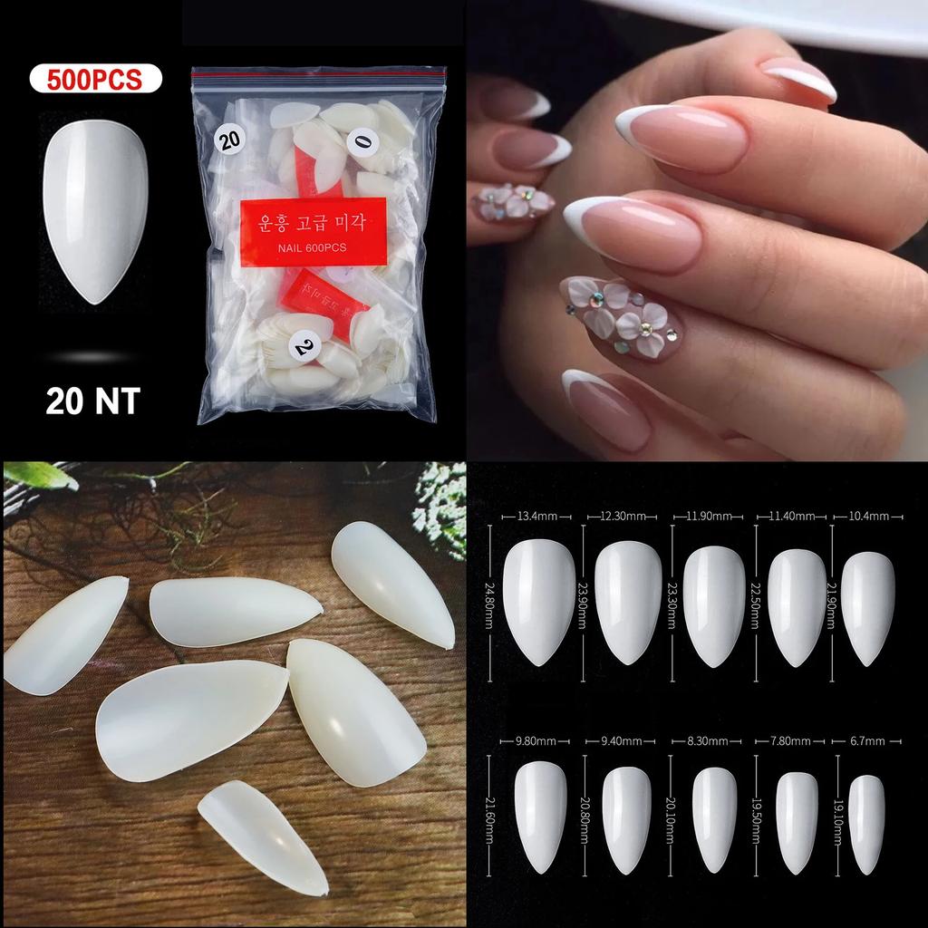 500PCS Natural Transparent Ballerina Almond  Round End Full/Half Ballet Coffin French False Nail Tips Fake Toenail Tip Manicure