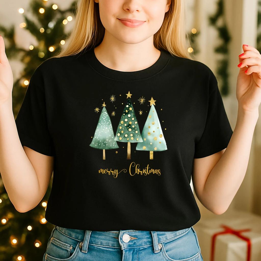 2025 Christmas Unisex Tshirt,Night Before Christmas Family,Golden Trees(CH)