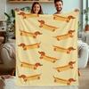 Yellow Background Hot Dog Dachshund Flannel Blanket For Cozy Bedroom Decor Soft Warm Throw Blanket Gift