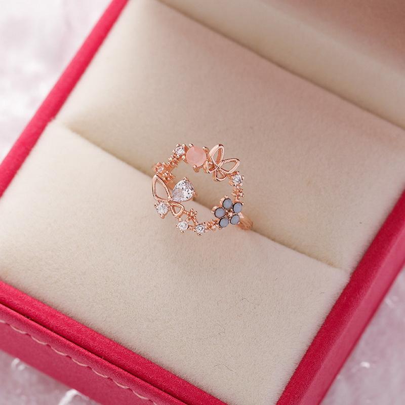 Trendy Crystal Sakura Flower Ring For Women Sweet Girls Exquisite Rhinestone Open Ring Romantic Jewelry Wedding Gift Adjustable