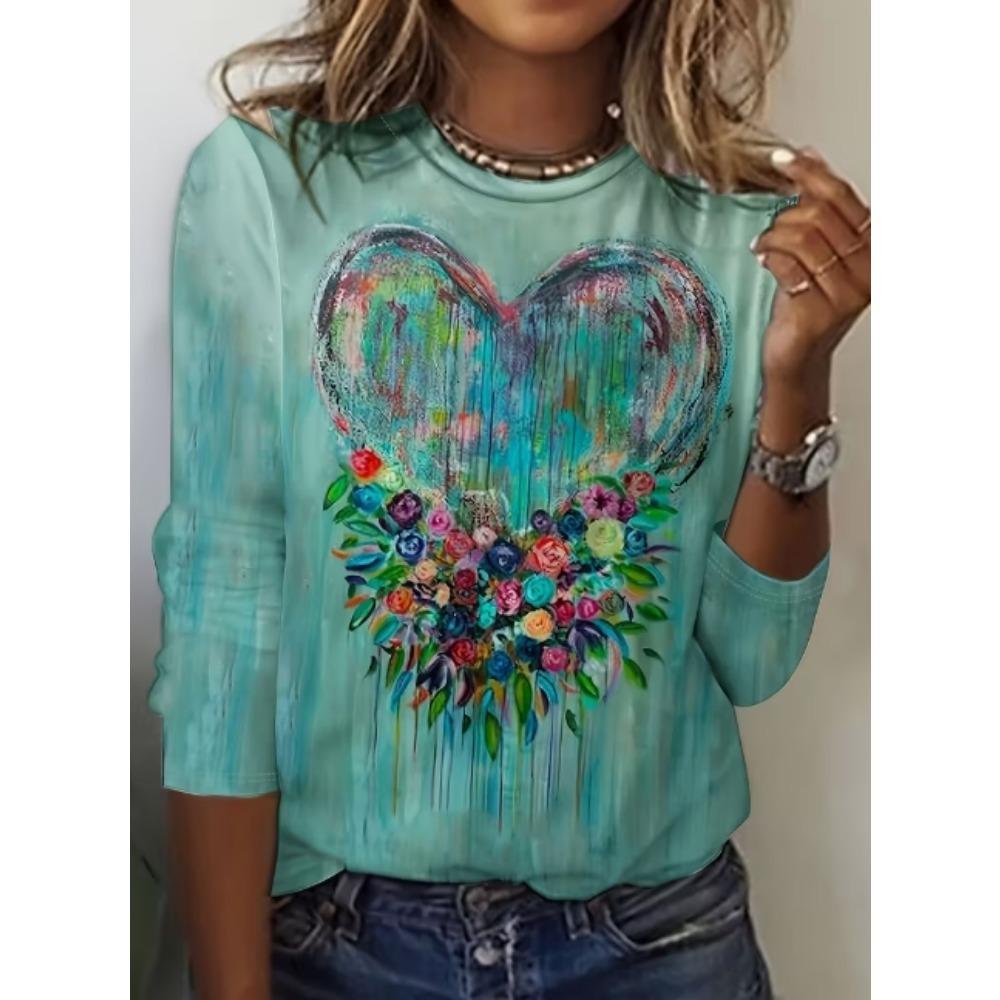 Ladies' Elegant Floral Printed T-shirt - Comfortable Round Neck Long Sleeve Top