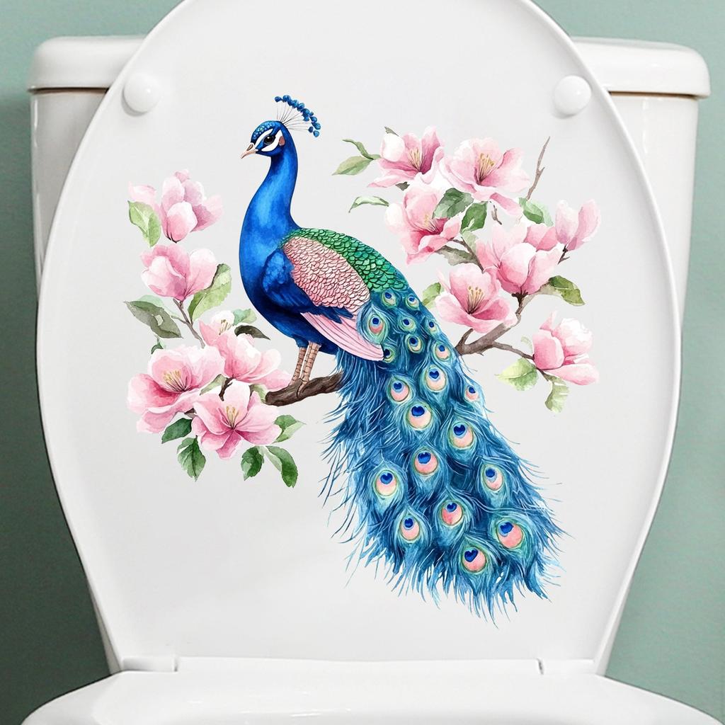 Elegant Peacock & Floral Toilet Stickers, Waterproof Removable Decals for Bathroom & Living Room Wall Decor