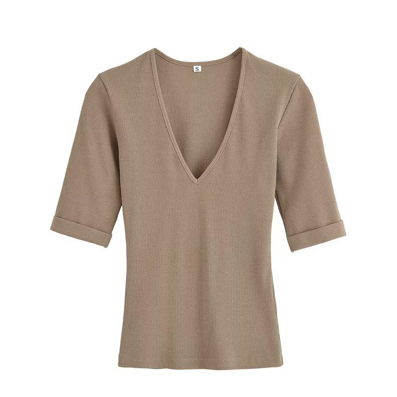 Kaslead New Arrival Women's Fashion Style Multi-Color Washed Cotton Simple and Comfortable V-neck T-shirt 2335155