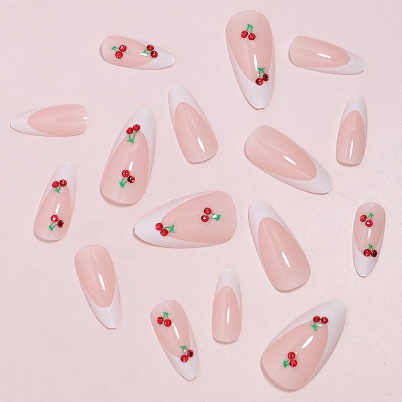 French Style Press On Nail 24 Pcs Glossy Finish Stick on Nail with Fruit Designs Suitable for Work and Social Event