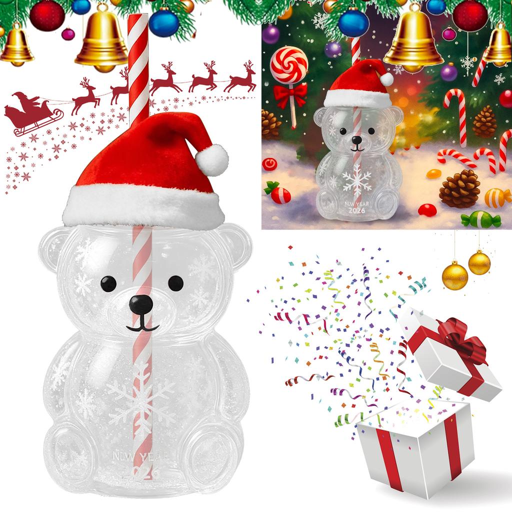 Kubek ze szklaną słomką w kształcie misia: Uroczy przezroczysty design, kubek na wodę z zielonym kapeluszem