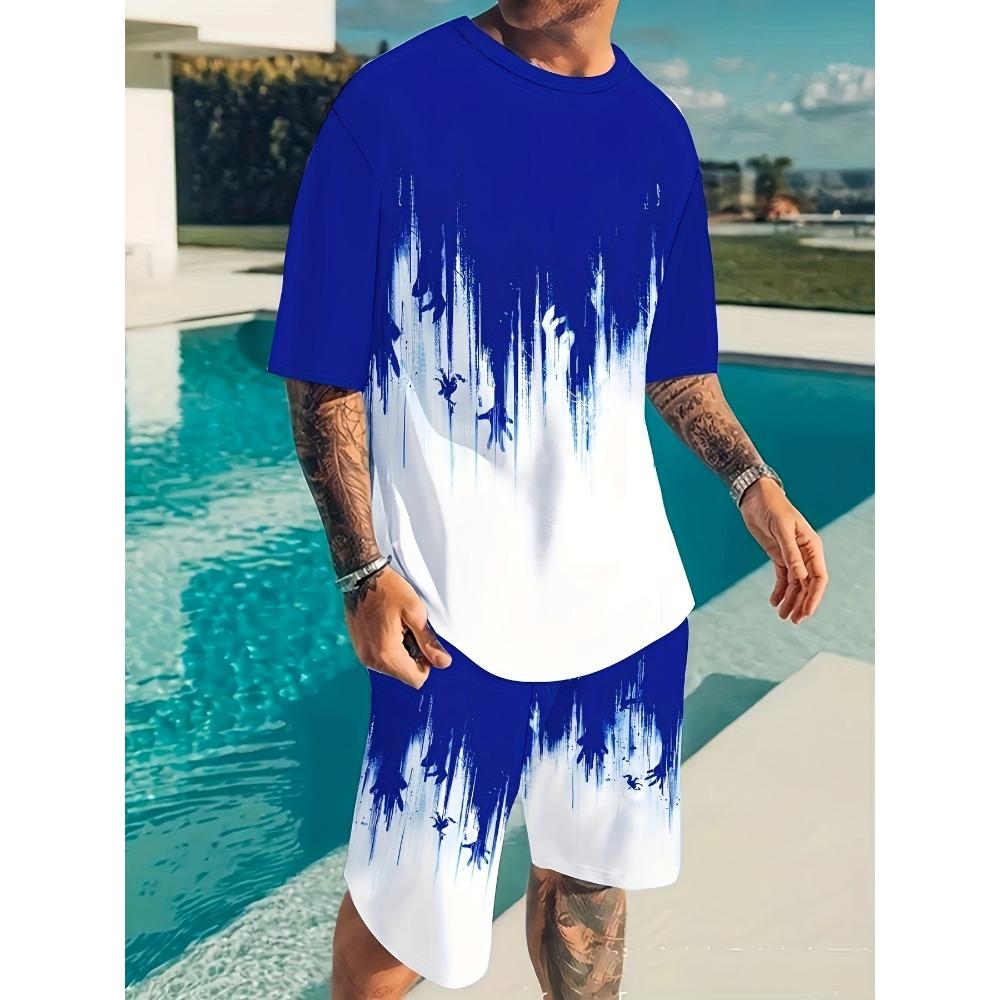 

3D pattern printing, 2-piece men s clothing, casual round-neck short-sleeved T-shirt set and drawstring shorts set XL