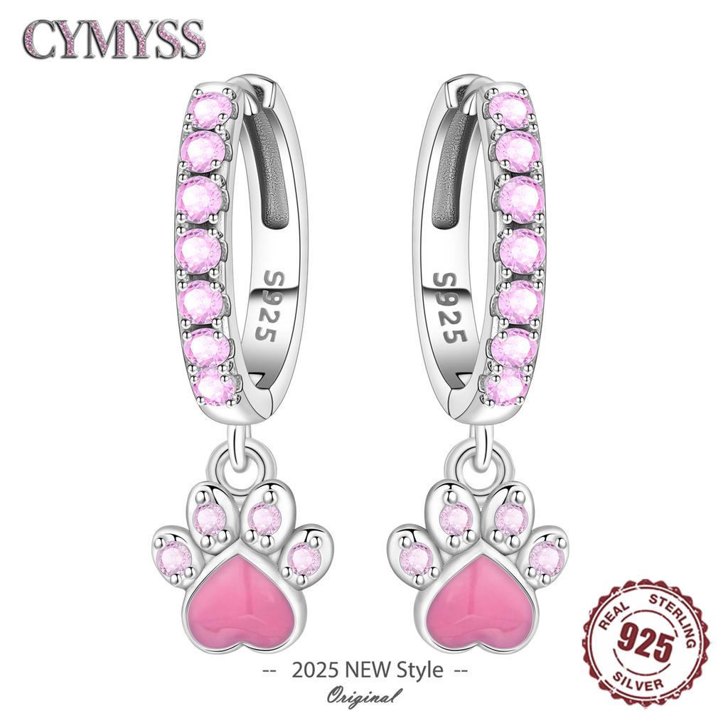 Original 925 Silver Zircon Pink Paw Print Earrings Heart Flower Leaf Design Women Party Jewelry Gift Ear Loops
