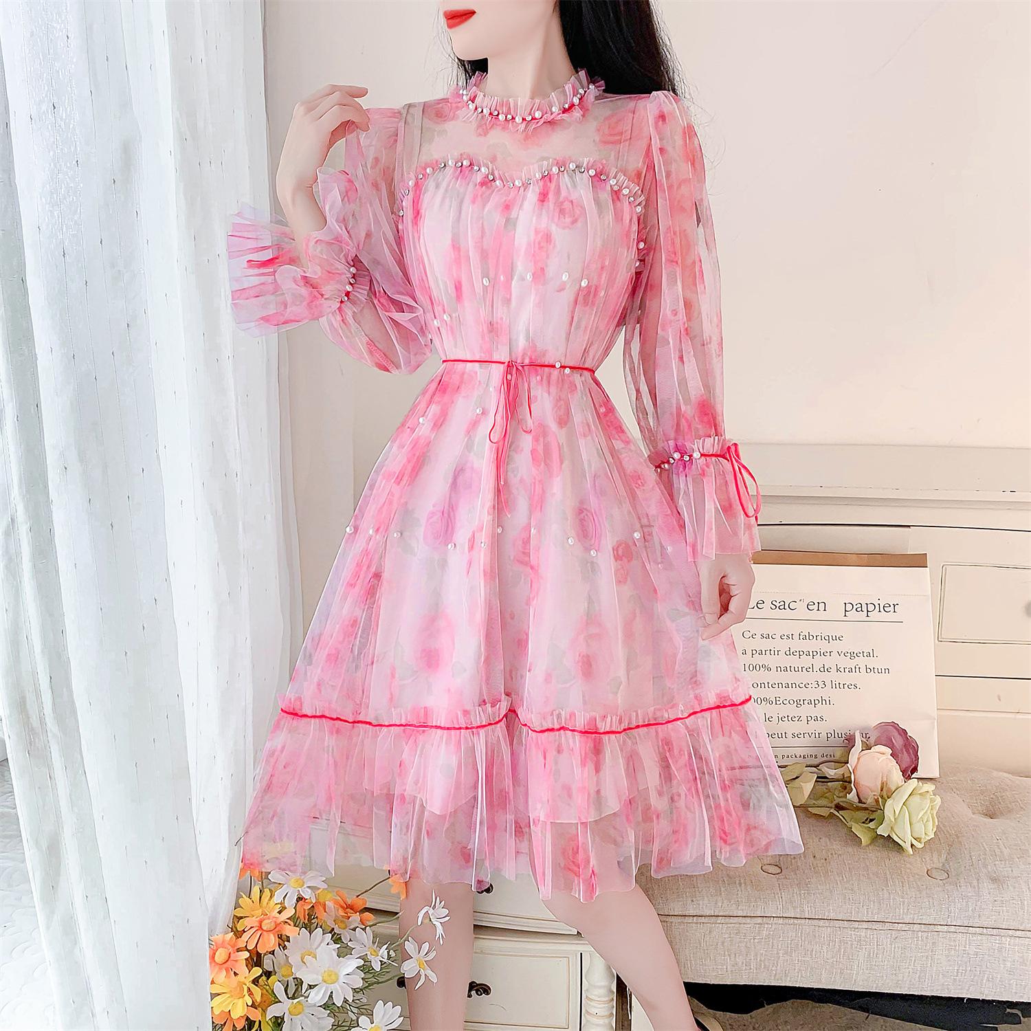 

GMXIA Женская мода весна-осень однотонный принт длинный рукав О-образный вырез высокая талия повседневные платья M розовый