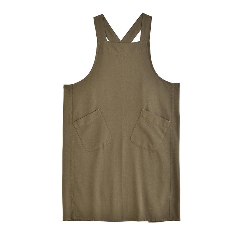Cotton Linen Kitchen Apron Big Size With Pockets Pinafore Dress Adjustable Straps Japanese Style Cross Back Apron
