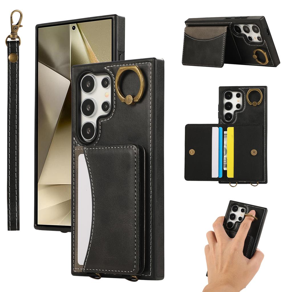 For Samsung Galaxy S24 Ultra PU Leather Back Case Card Holder Kickstand Phone Cover with Wrist Strap