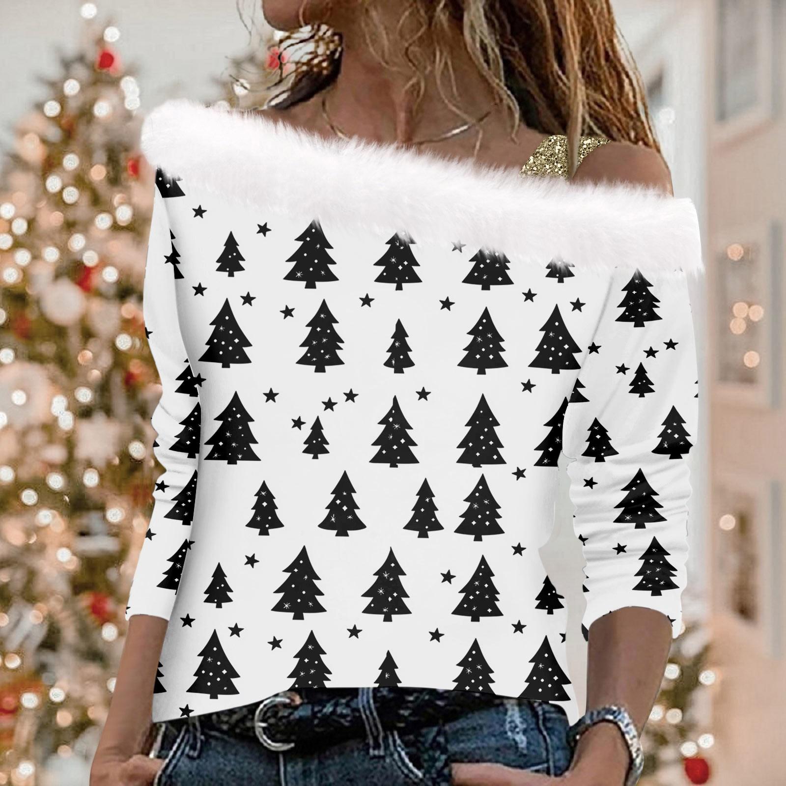 

Женский осенне-зимний пуловер с длинными рукавами и одним плечевым ремнем с рождественским принтом XXL белый