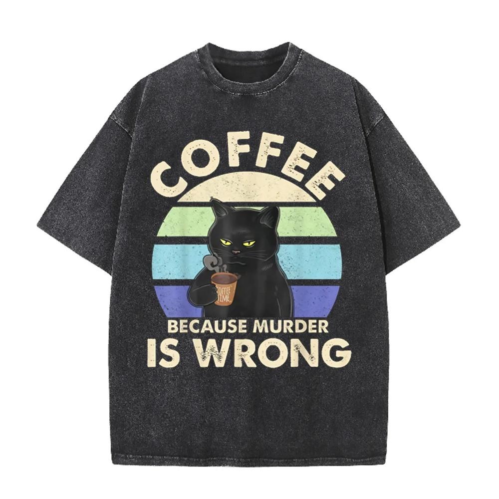 2026 Vintage Retro Sunset Black Cat Coffee Cup Graphic Black Acid Washed T Shirt Coffee Because Murder Is Wrong Funny Casual Ove