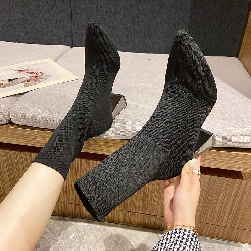 Fashion Breathable Stretch Cloth Short-thigh Sock Boots Autumn New Pointed Toe Sleeve Non-Slip Wear-Resistant High Heels