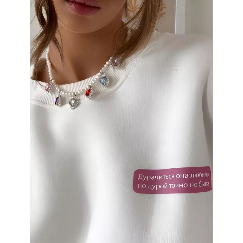 Women's Retro American Style Fleece-Lined Printed Round Neck Hoodie for Autumn and Winter
