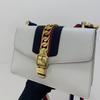 [Pre-Owned] Sylvie Gold Buckle Striped Web Satin Bow Wide Shoulder Strap Leather Handbag - Excellent #TXV5FG