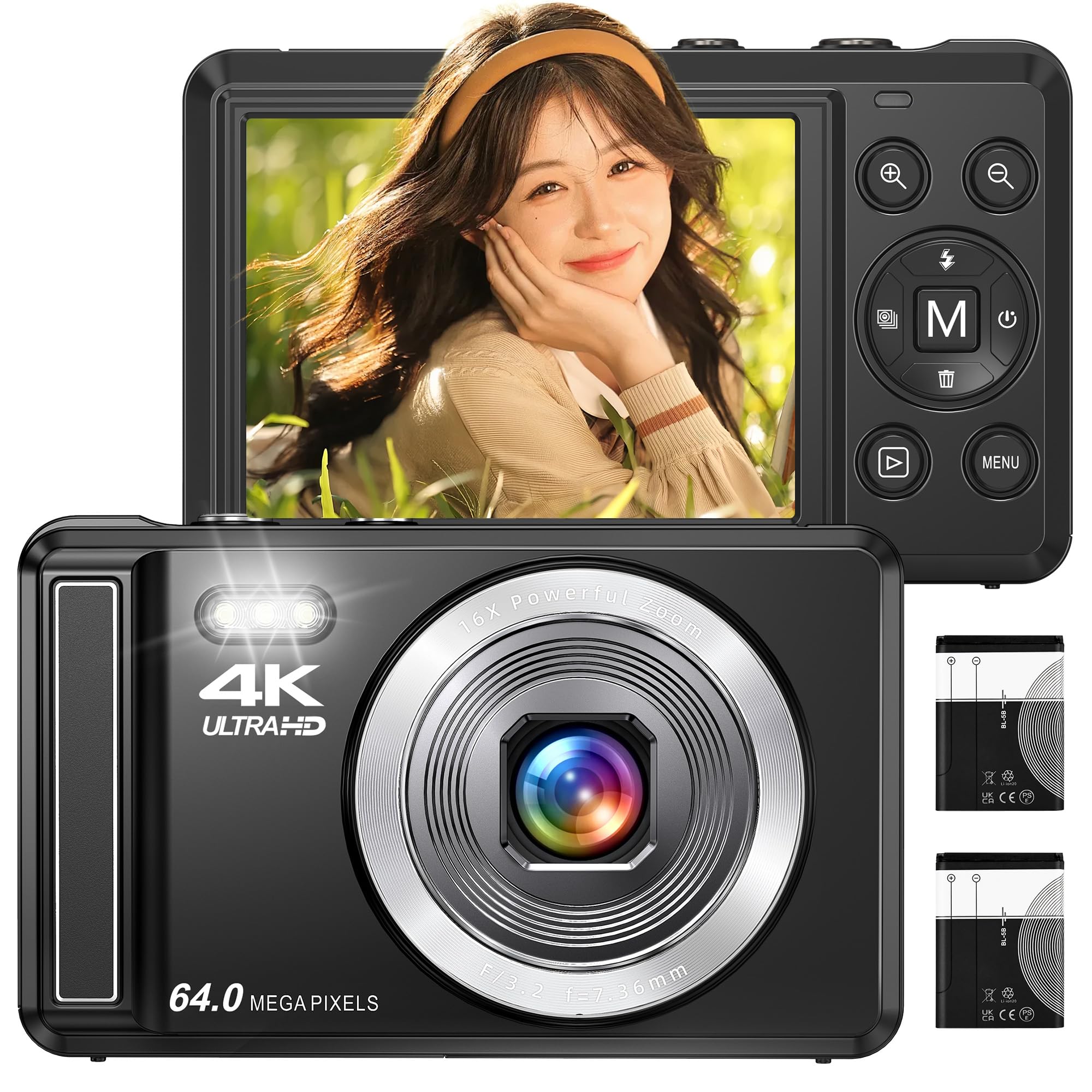 

4K 64MP Digital Camera with AF Autofocus, Smile Detection, 16X Digital Zoom, 2.8-inch IPS Screen, Rechargeable, YouTube Webcam for Beginners,