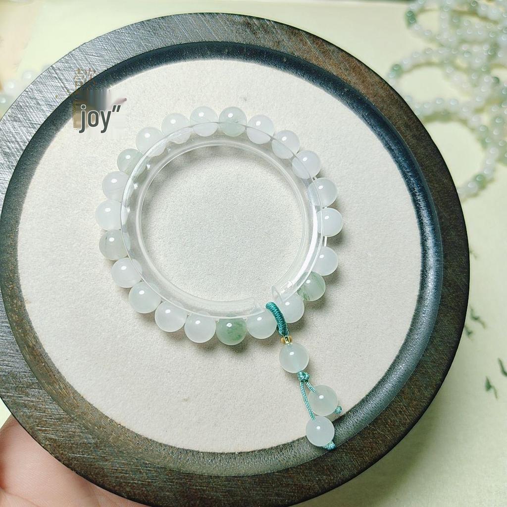 Xinjiang White & Golden Silk Flower Jade Round Bead Bracelet for Women
