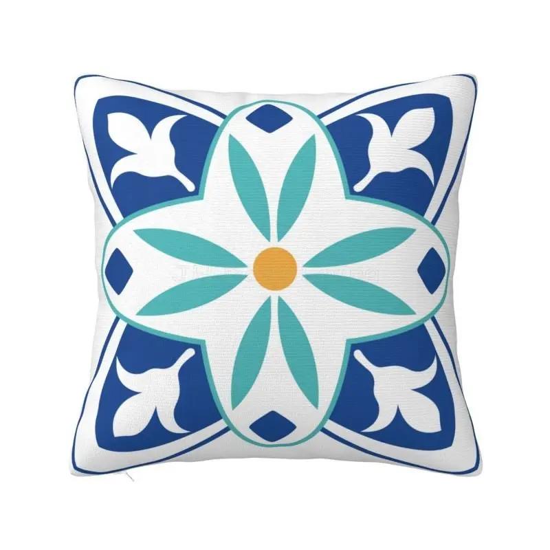 Throw Cushion Cover Boho Blue Floral Print Pillow Case Home Farmhouse Pillow Cover for Outdoor Patio Funiture Garden 18x18 Inch