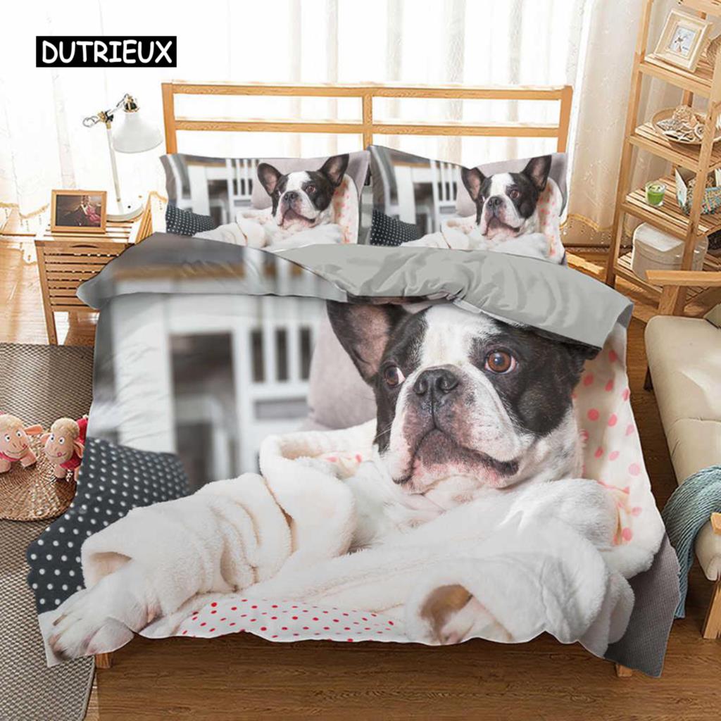 Sett med dynetrekk for fransk bulldog, King size, Søt valp, Dyretema, Sengetøy for barn og tenåringer, Polyester, 2/3 deler, Mykt dynetrekk