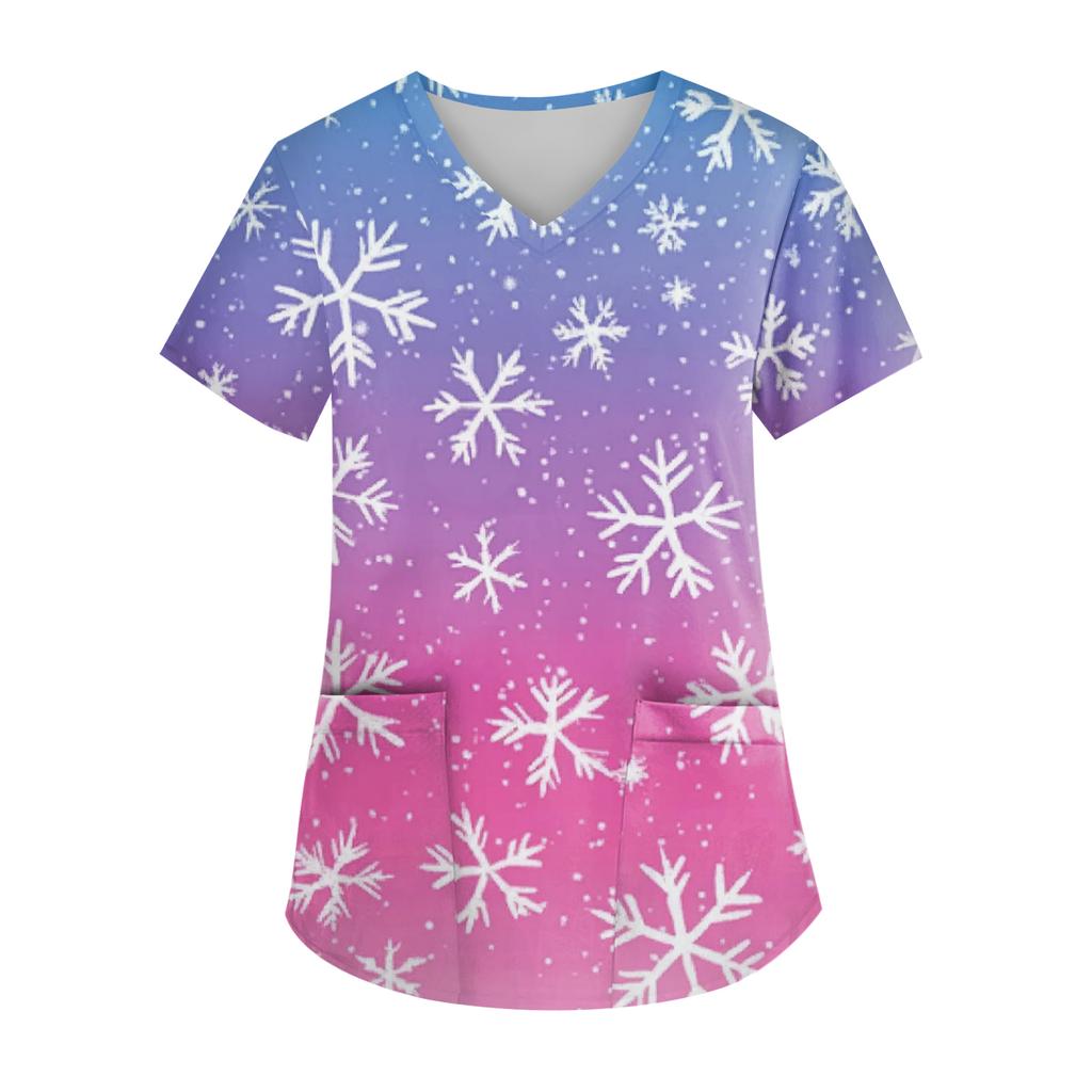 Women's V-neck Christmas Print Short-sleeved Pocket Side Slit Uniform Top