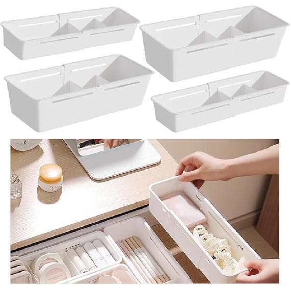 2PCS Expandable Storage Drawer Organizers Sliding Bin Plastic Desk Drawer Trays with Removable Dividers Adjustable Makeup Storage Bins for Bedroom,